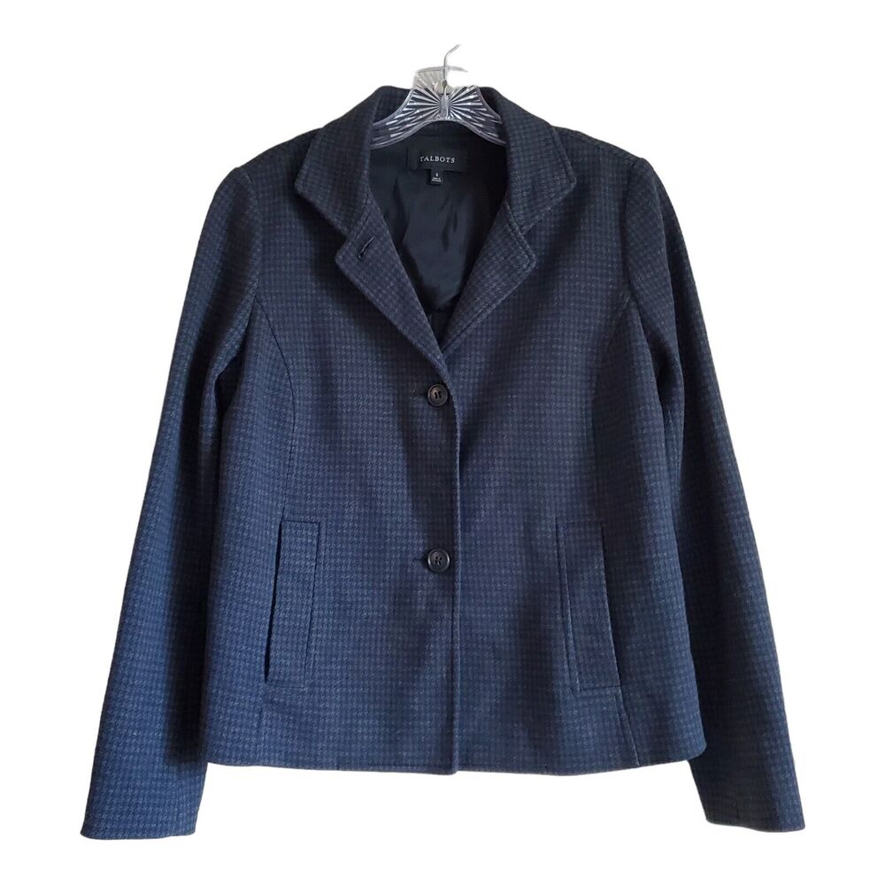 TALBOTS Women S Blazer Jacket Houndstooth Black Gray Button Up Classic Bust 36"
